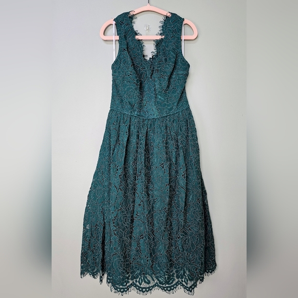 Lulus Women's Love Swept Emerald Green Lace Midi Skater Dress With Pockets, XS - Picture 8 of 10